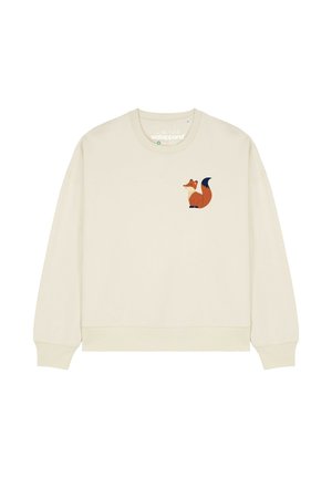 Sweatshirt de couleur crème en tissu doux, arborant une illustration de renard assis en orange et bleu marine sur la partie gauche de la poitrine.