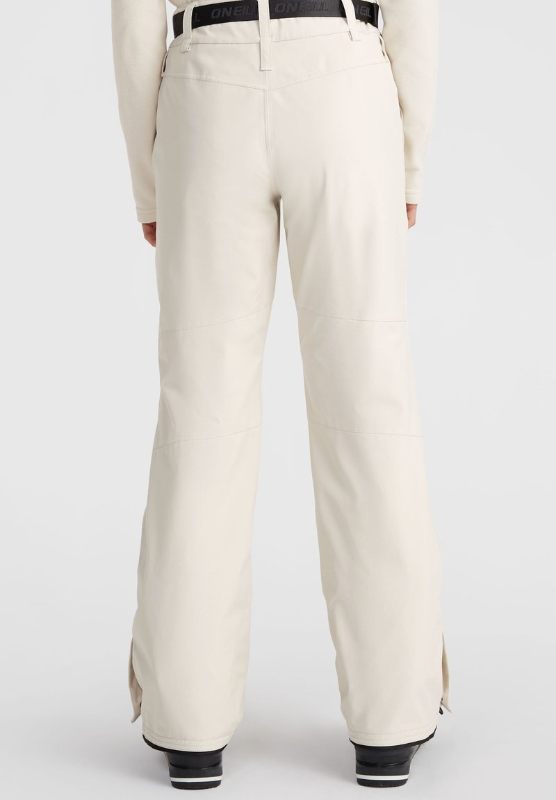 Pantalones de nieve beige con un corte holgado, con una textura suave, cintura ajustable y aberturas con cremallera en los puños.
