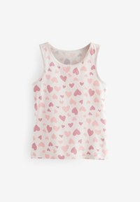 Korte roze tanktop met een ronde halslijn, voorzien van verschillende tinten roze harten in een herhaald patroon op een lichte achtergrond.