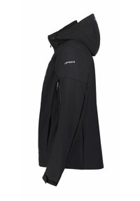 Czarna kurtka softshell z kapturem, charakteryzująca się eleganckim wzornictwem, kieszeniami na zamek błyskawiczny i gładką fakturą. Udekorowana logo na ramieniu.