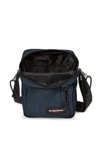 Compact dark blue Eastpak shoulder bag with open main compartment, internal zip pocket, and adjustable black strap.