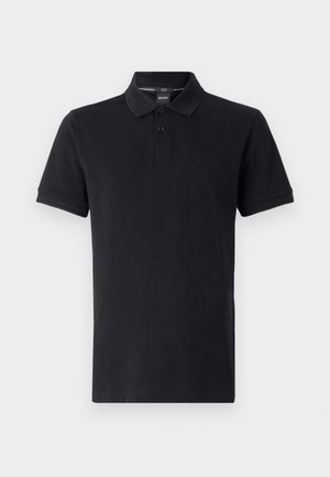 Black polo shirt made of cotton with short sleeves, three-button placket, and a subtle logo on the chest. Smooth texture and classic fit.