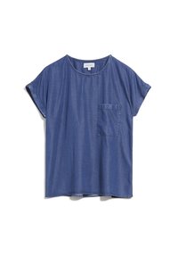 T-shirt à manches courtes en denim bleu avec un col rond et une poche à gauche sur la poitrine. Présente une coupe décontractée et une texture douce.