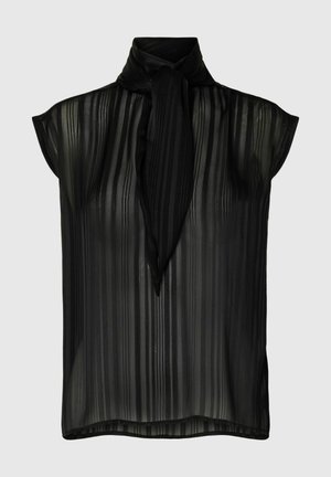 Czarna bezrękawnikowa bluzka z wysokim kołnierzem i wiązaniem. Wykonana z prześwitującego materiału z pionowymi paskami i luźnym krojem.