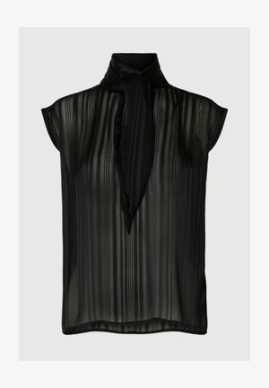 Czarna bezrękawnikowa bluzka z wysokim kołnierzem i wiązaniem. Wykonana z prześwitującego materiału z pionowymi paskami i luźnym krojem.