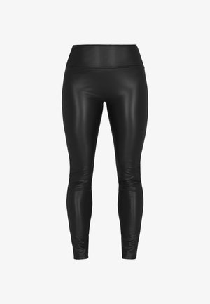 Mustat korkeavyötäröiset keinonahkaiset leggingsit, joissa on sileä ja kiiltävä pinta sekä vartalonmyötäiset, täyspitkät lahkeet.