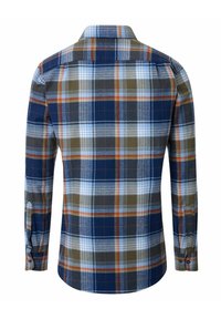Langärmliges kariertes Hemd mit einer Mischung aus Blau, Grün und Orange, Knopfdetails und einem klassischen Kragen.