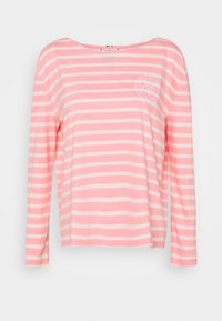 Camicia a maniche lunghe a righe in rosa chiaro e bianco. Collo rotondo, vestibilità morbida, con logo circolare sul lato sinistro del petto. Tessuto morbido.