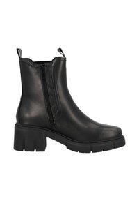 Botín negro de cuero, con cremallera lateral, tacón grueso y suela de goma texturizada con surcos pronunciados.