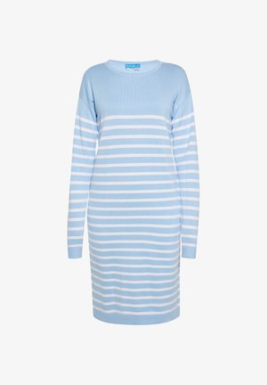 Rochie lungă cu mâneci lungi, de culoare albastru deschis, cu dungi orizontale albe. Guler rotund, textură moale, lungime până la genunchi și croi lejer. Include etichetă la guler.