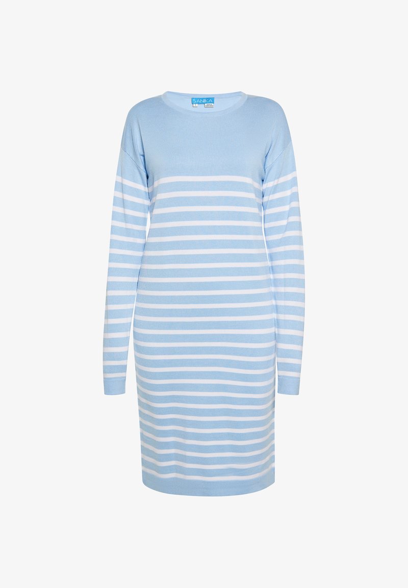 Hellblaues langärmliges Kleid mit horizontalen weißen Streifen. Abgerundeter Ausschnitt, weicher Stoff, knielang und Lockerer Schnitt. Mit Etikett am Ausschnitt.