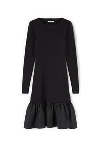 Abito nero con maniche lunghe, scollatura rotonda, top aderente e un orlo svasato e arricciato realizzato in un materiale lucido a contrasto.