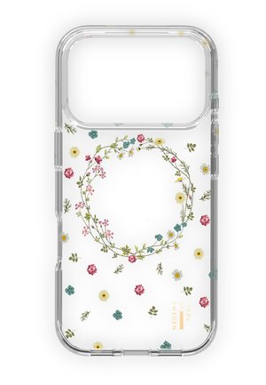 Klare Handyhülle mit einem runden floralen Kranzmuster mit pinken, gelben und blauen Blumen und grünen Blättern, verteilt auf weißem Hintergrund.