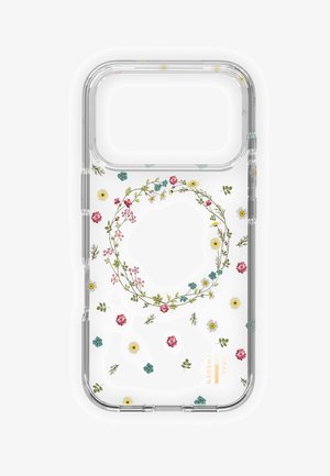 Cover per telefono trasparente con un motivo a corona floreale circolare con fiori rosa, gialli e blu e foglie verdi sparse su sfondo bianco.