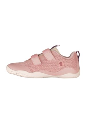 Pink lightweight sneaker with mesh fabric, two Velcro straps, soft sole, and heel pull tab.