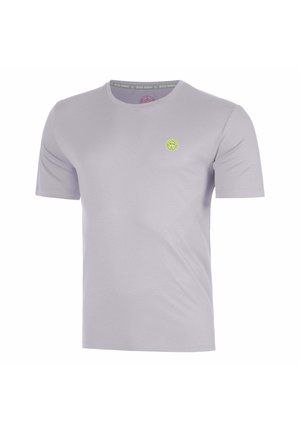 Hellviolettes T-Shirt mit kurzen Ärmeln und Rundhalsausschnitt mit kleinem rundem gelbem Logo auf der linken Brust.