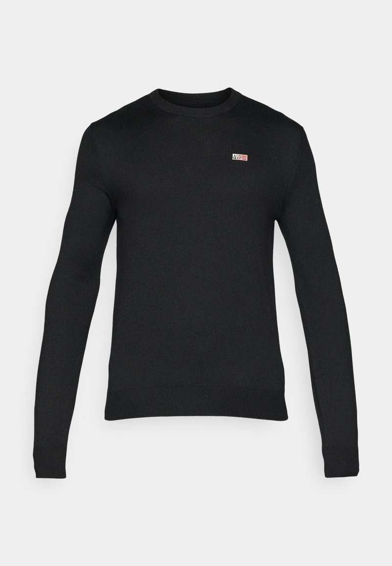 Maglione nero a maglia con maniche lunghe, collo rotondo e polsini a costine. Presenta un piccolo logo a bandiera multicolore sul petto.