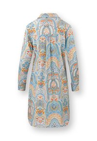 Langdijk jurk met kraag, met een gedetailleerd, meerkleurig bloemen- en paisleypatroon in blauwe, oranje en beige tinten.