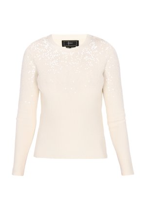 Geribbelde crèmekleurige trui met lange mouwen, met een paillettenpatroon aan de bovenkant. Ronde halslijn en een zachte textuur over het hele lichaam.