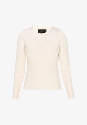 Ribbed kremowy sweter z długimi rękawami, ozdobiony wzorem z cekinów na górze. Okrągły dekolt i miękka tekstura na całej powierzchni.