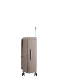 Hard-shell suitcase in light beige with a telescopic handle, combination lock, and four wheels for mobility. Smooth, textured surface.