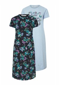 Två klänningar: en svart med flerfärgade blommor och fjärils mönster; den andra ljusblå med en tryckt fras. Båda har korta ärmar.