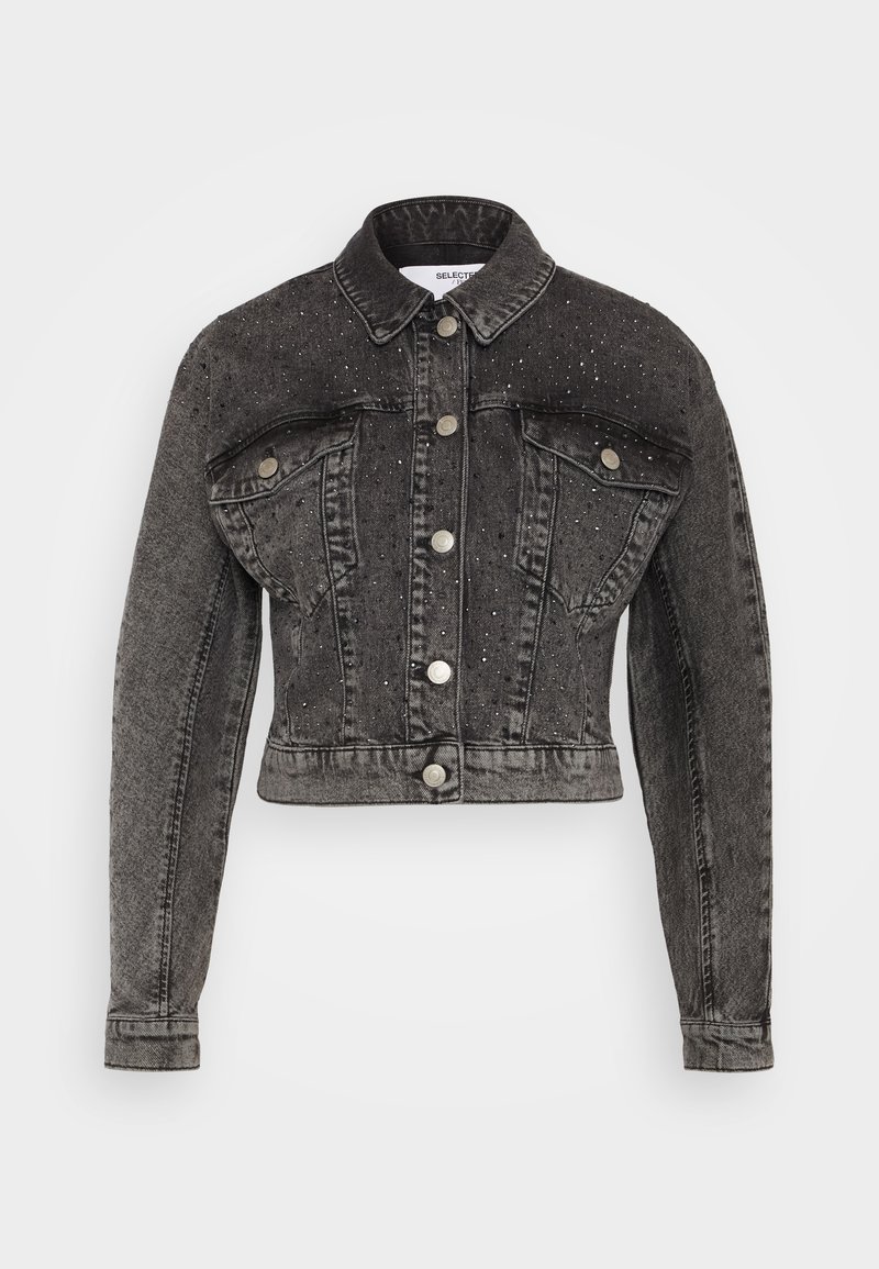 Selected SLFPENNY DIA JACKET - Denim jacket - dark grey denim/brown ...