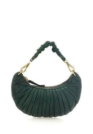 Borsa a mezzaluna verde scuro con design in pelle plissettata e manico corto arricciato con chiusure in tonalità oro e zip.