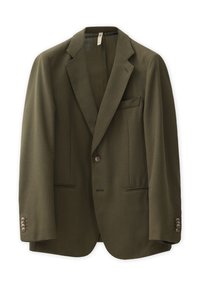 Blazer en verde oliva hecho de un tejido texturizado, con solapa muesca, dos bolsillos frontales y un cierre de un solo botón con cuatro botones en cada puño.