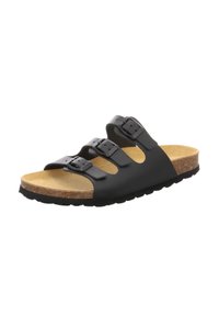 Schwarze Riemensandale mit drei verstellbaren Schnallenriemen und Korkfußbett mit beigem Wildleder-Innenfutter auf schwarzer Sohle.