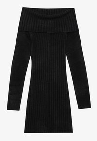 Vestido negro de canalé sin mangas con mangas largas, que presenta una textura de punto y un dobladillo recto, diseñado para un ajuste entallado.