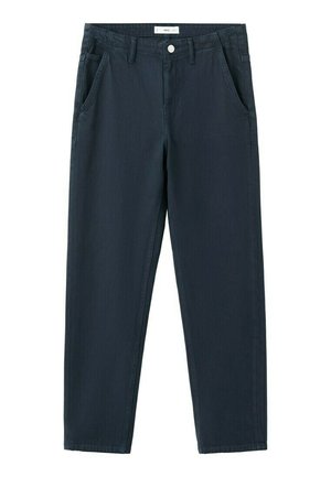 Pantaloni casual da uomo blu navy a gamba dritta con tasche frontali, passanti per cintura e chiusura con bottoni.