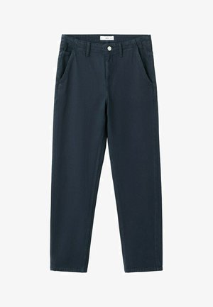 Pantaloni casual da uomo blu navy a gamba dritta con tasche frontali, passanti per cintura e chiusura con bottoni.