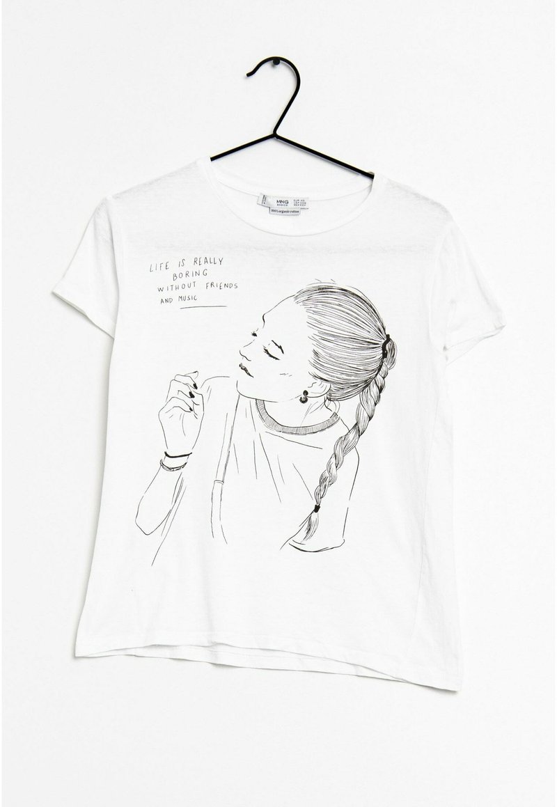 T-shirt blanc à manches courtes avec un dessin en ligne noir d'une femme avec des cheveux tressés, accompagné du texte : "La vie est vraiment ennuyeuse sans amis et musique."