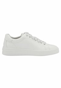 Weiße Leder-Sneaker mit glatter Textur, runder Zehenpartie und gepolsterter Sohle. Ausgestattet mit grauen Schnürsenkeln und minimalistischen Nähten.