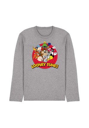Gray long-sleeve shirt with colorful Looney Tunes characters grouped inside a red circle and yellow "Looney Tunes" text below.