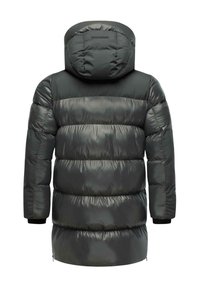 Padded parka jacket in dark gray with a hood. Features horizontal seams, elastic cuffs, and a slightly longer back for added coverage.