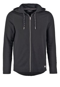 Schwarze Zip-Hoodie mit gefütterter Kapuze, langen Ärmeln und verstellbaren Kordeln. Hat eine glatte Textur und einen leicht abgerundeten Saum.