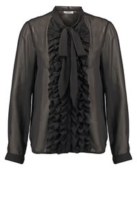 Blouse noire transparente avec un devant à volants, un col à nouer, des manches longues et une fermeture à boutons, avec une texture lisse et un tissu léger et fluide.