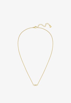 Delikate Goldkette mit kleinem Unendlichkeits-Symbol-Anhänger und verstellbarem Verschluss auf weißem Hintergrund.