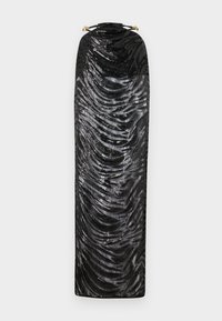 Black evening dress with a wavy pattern, featuring sequins, a high neck, and a drawstring closure with gold accents.