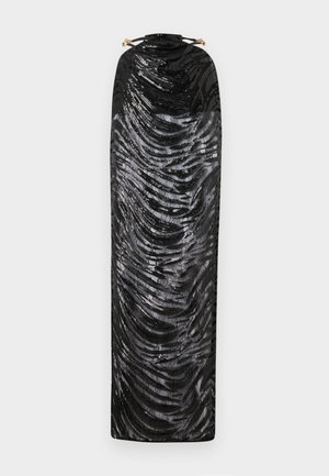 Black evening dress with a wavy pattern, featuring sequins, a high neck, and a drawstring closure with gold accents.