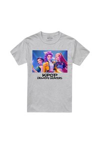 Gray cotton t-shirt featuring a colorful graphic print of three animated characters and the text "KPOP DEMON HUNTERS" below.