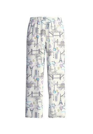 Witte pyjamabroek met een meerkleurige print van beroemde bezienswaardigheden, waaronder de Eiffeltoren en Tower Bridge, met een elastische tailleband.