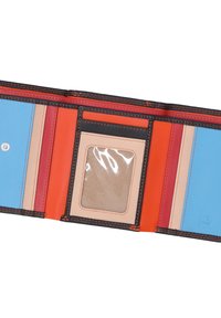 Multi-colored wallet made of leather with a smooth texture. Features include a clear ID slot, multiple card slots, and contrasting stitching.