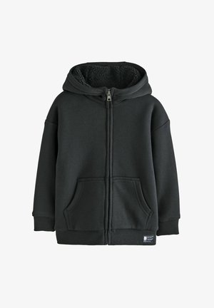 Felpa nera con zip realizzata in tessuto morbido, dotata di un cappuccio foderato in peluche, due tasche frontali e polsini a coste sull'orlo.