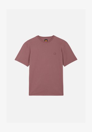 Mauve short-sleeve crew neck t-shirt with small embroidered elephant logo on the left chest.