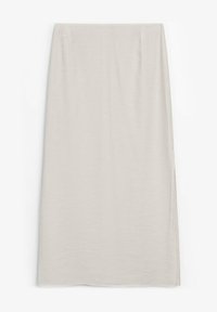 Jupe midi beige droite avec une taille haute et un design épuré et simple sur fond blanc.