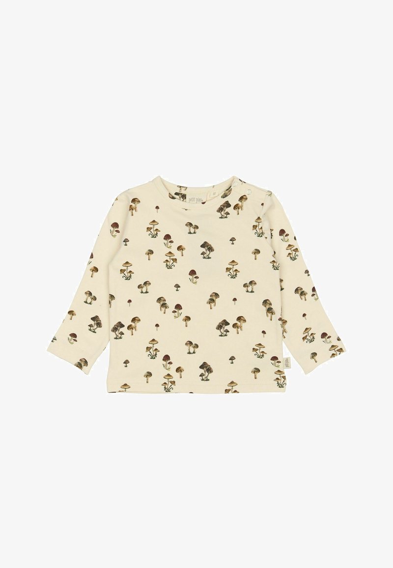 Langarmshirt van zacht crème stof met een herhaald paddenstoelenmotief in verschillende aardetinten. Beschikt over drukknoopjes op de schouder.
