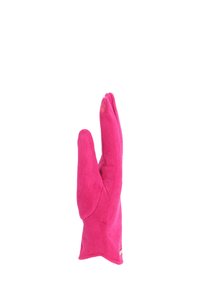 Guanto in pile rosa con tre dita unite e pollice separato, in posizione verticale su sfondo bianco.